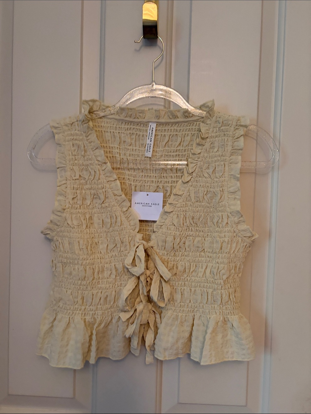 American Eagle Outfitters Cream Smocked Tie-Front Crop Top